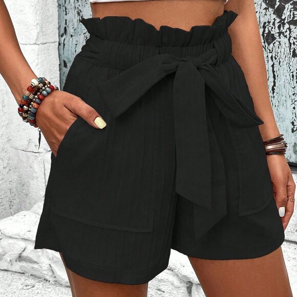 Black Casual Women's Paperbag Waist Belted Wide Leg Shorts - Picture 3 of 6